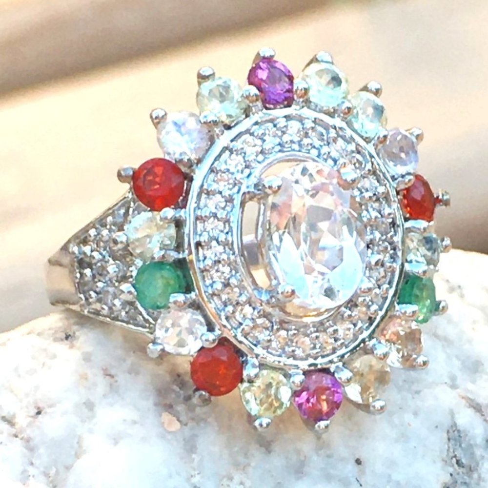 Kunzite & Exotic Gemstones Ring .925 Silver Emerald Rubellite Topaz Moonstone